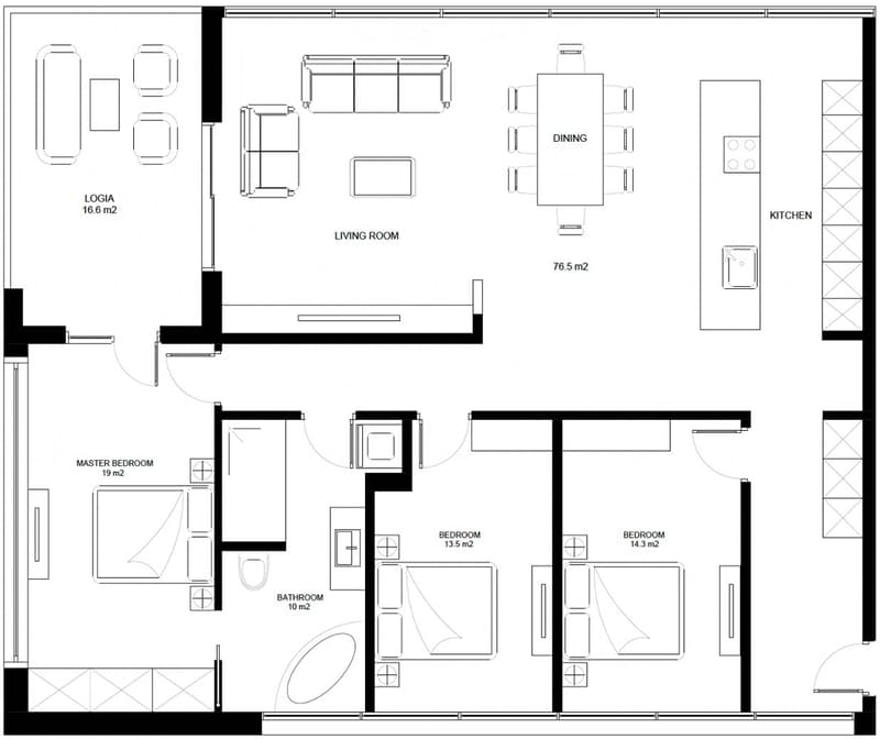 Floor Plan. Floor plan of a 3-bedroom apartment with a living room, dining area, kitchen, master bedroom, two additional bedrooms, and a bathroom.
