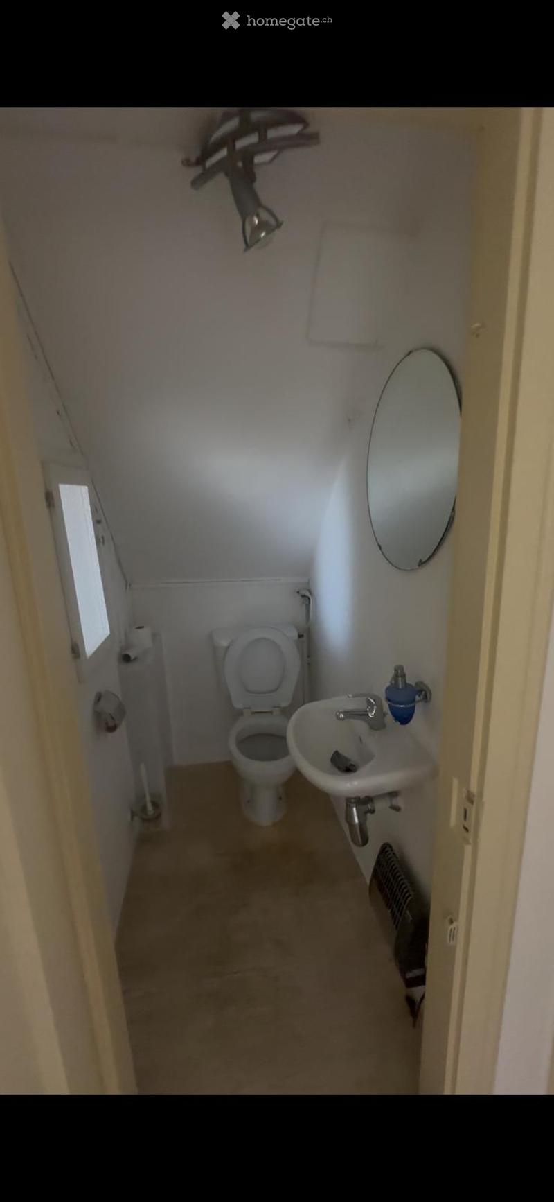 Small bathroom with a toilet, sink, mirror, and radiator. The room has a window on the left side and a ceiling light fixture.