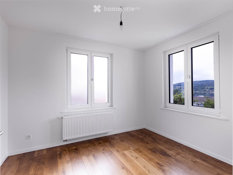 Empty room with white walls, wooden flooring, large windows, radiator, and a single light fixture.