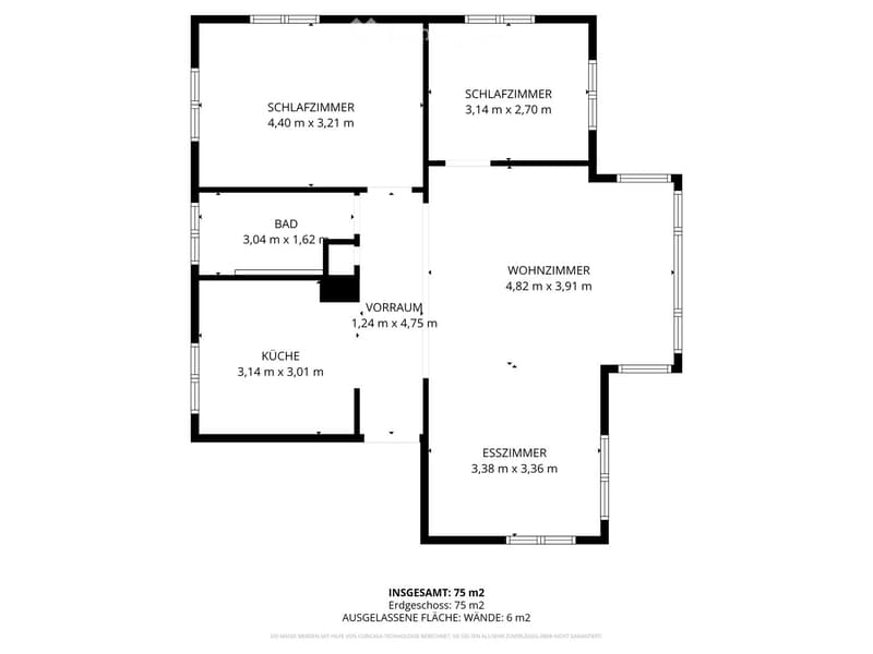 Floor plan of a 75 m² apartment with two bedrooms, a living room, a dining room, a kitchen, a bathroom, and a hallway.