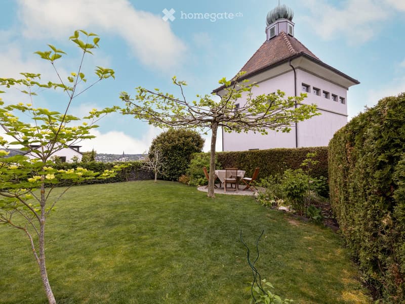 Well-maintained garden with a lawn, a small tree, a table and chairs, and a hedge-lined pathway leading to a building with a dome-shaped roof.