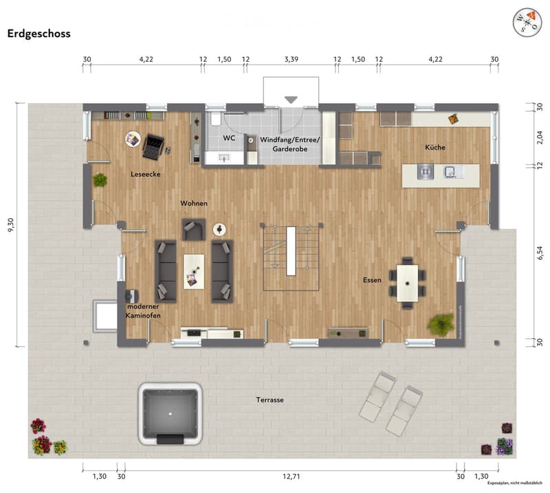 Ground floor layout includes living room, dining area, kitchen, reading nook, WC, entrance, and terrace.