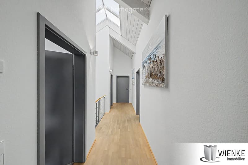 Modern hallway with wooden flooring, white walls, and a skylight ceiling. Features a large abstract painting on the wall and a metal railing on one side.