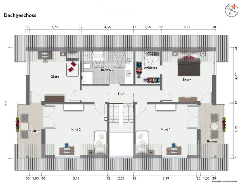 Top floor layout includes two bedrooms (Eltern and Gäste), a bathroom, a walk-in closet, and two balconies.