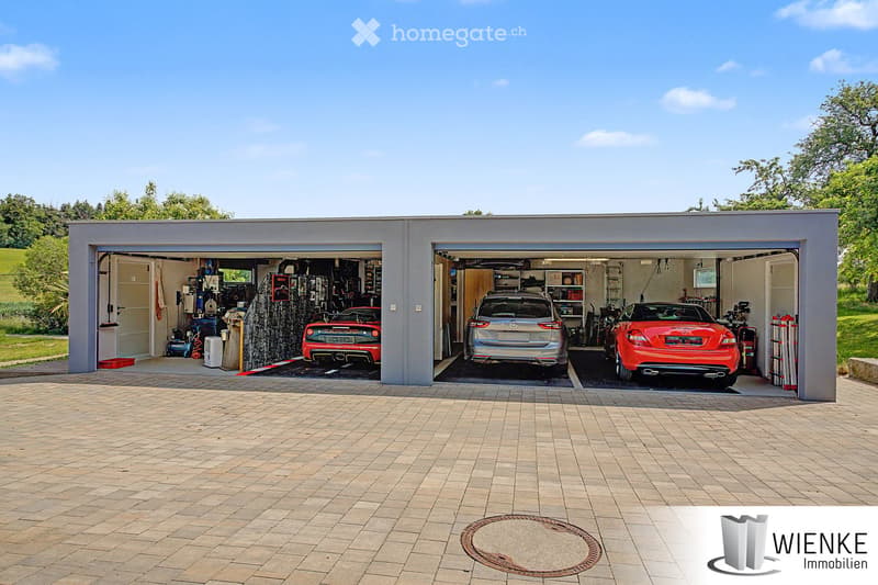 Two-car garage with modern design, tiled driveway, and parked vehicles including a red sports car and a silver SUV.