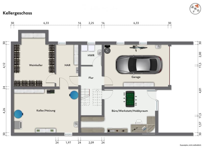 Floor plan of a basement level showing a wine cellar, heating room, garage, office/workshop/hobby room, and other storage areas.