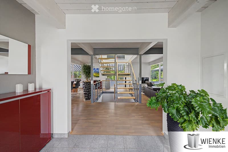 Open, modern hallway with wooden flooring, white walls, and a staircase leading to an upper level. Features include a large potted plant, a red cabinet, and a view of a dining area with chairs and a table.