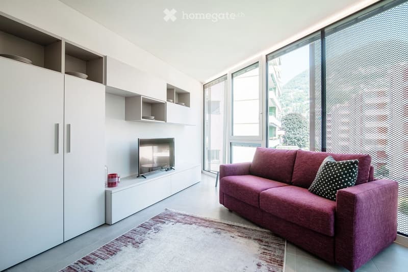 Modern living room with large windows offering a scenic view, featuring a red sofa, television, built-in white cabinetry, and decorative shelves.