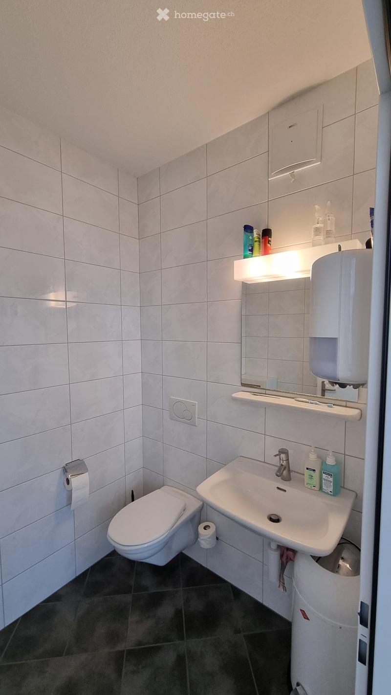 Modern bathroom with white tiled walls, a toilet, a sink with a mirror, and a hand dryer. The sink has a modern faucet and two soap dispensers. Toilet paper is placed next to the toilet.