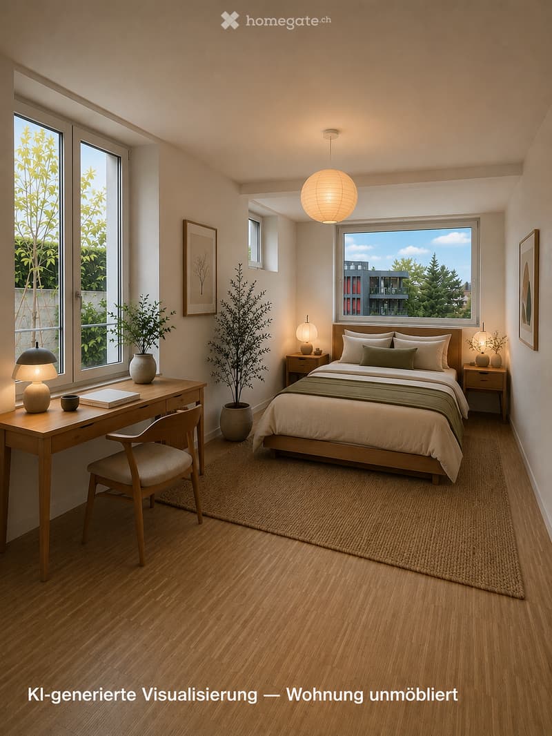 Modern, well-lit bedroom with wooden flooring, large windows, a bed with pillows and a duvet, a nightstand with a lamp, a desk with a chair, and decorative plants.