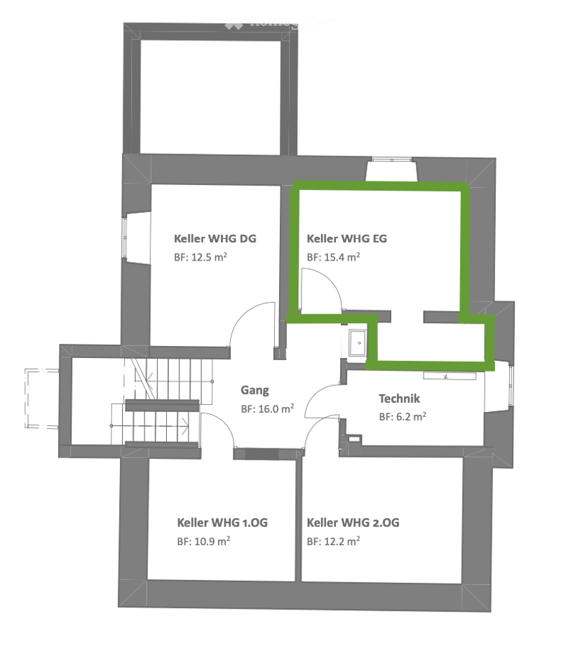Floor plan of a basement level showing multiple rooms including Keller WHG DG, Keller WHG EG, Gang, Technik, Keller WHG 1.OG, and Keller WHG 2.OG with respective base floor areas.