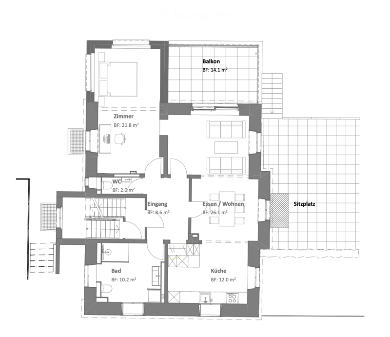 Floor plan of a residential unit with a kitchen, bathroom, living/dining area, bedroom, balcony, and entrance area.