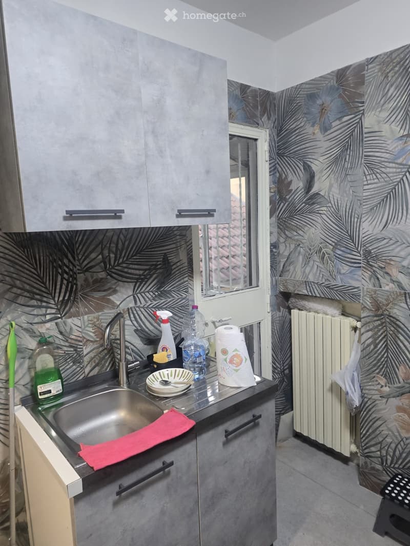 Modern kitchen with grey cabinets, stainless steel sink, and floral patterned backsplash. Cleaning supplies and a dish are on the counter.