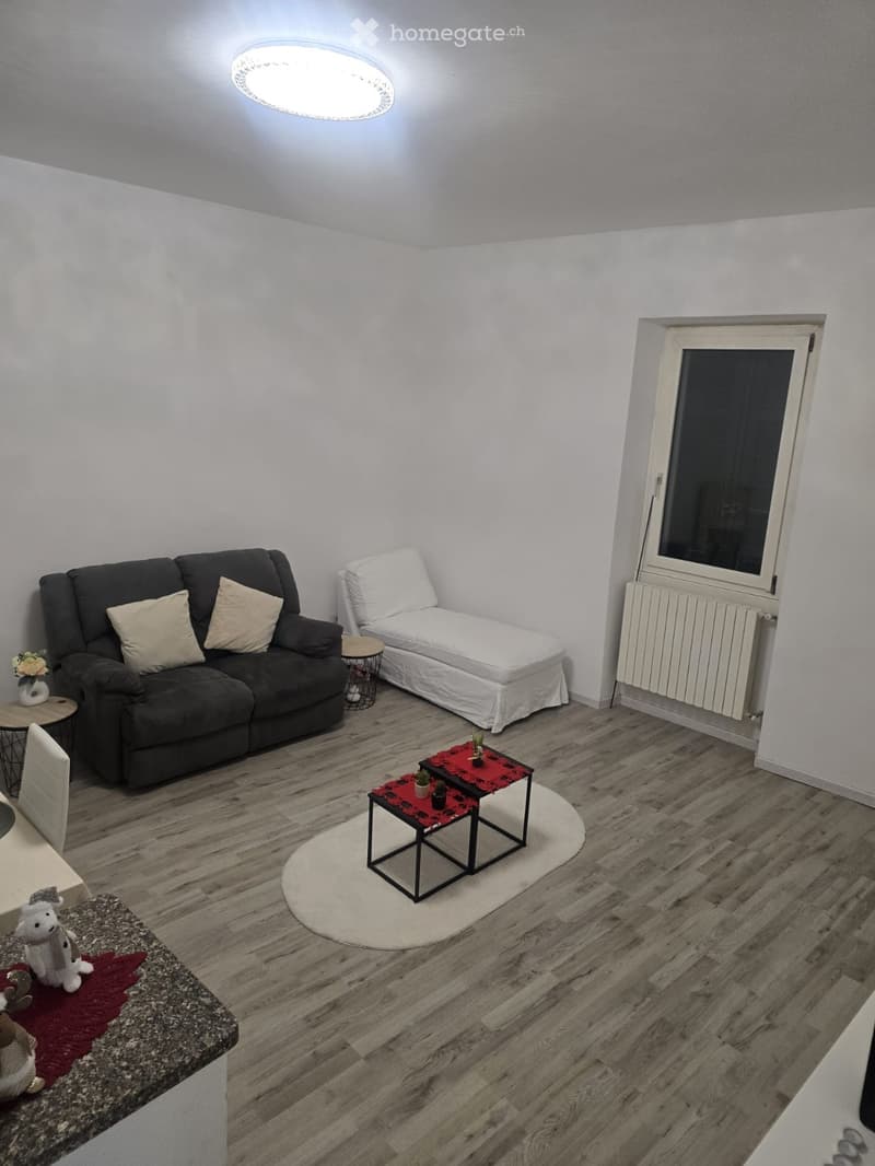 Modern living room with wooden flooring, a black sofa, a white chair, a small coffee table, and a radiator near the window.