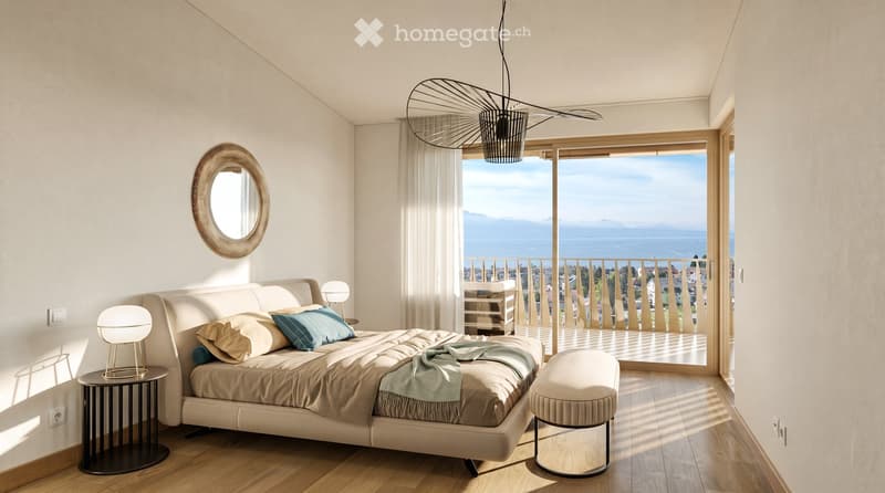 Modern bedroom with a large bed, nightstands, a round mirror, and a view of the sea through large windows and a balcony.