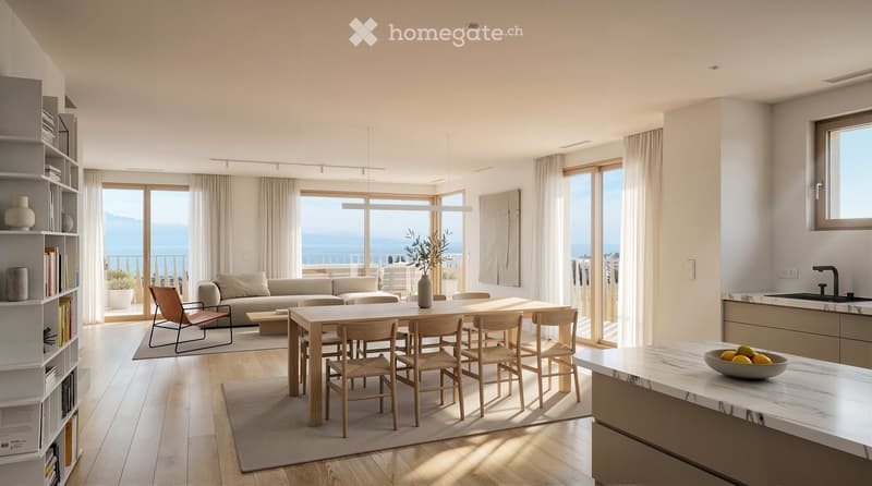 Modern living and dining area with a sofa, coffee table, dining table with chairs, bookshelf, and a kitchen island with a sink and bowl of fruit. Large windows offer a scenic view.