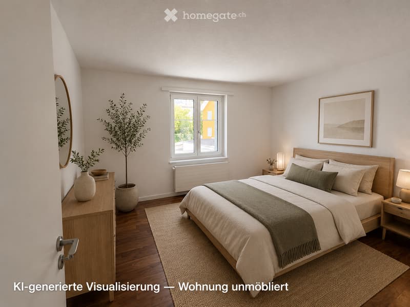 A modern, well-lit bedroom with a large bed, nightstands, lamps, a mirror, decorative vases, a potted plant, and a framed picture on the wall.