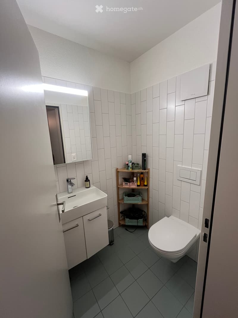 Modern bathroom with white tiles, a sink with a mirror, a toilet, and a small wooden shelf holding toiletries.