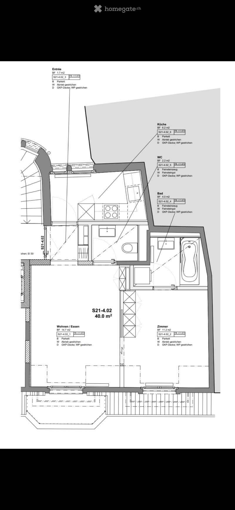 Floor plan of a 40.0 m² apartment with entrance, kitchen, bathroom, living/dining area, bedroom, and WC.
