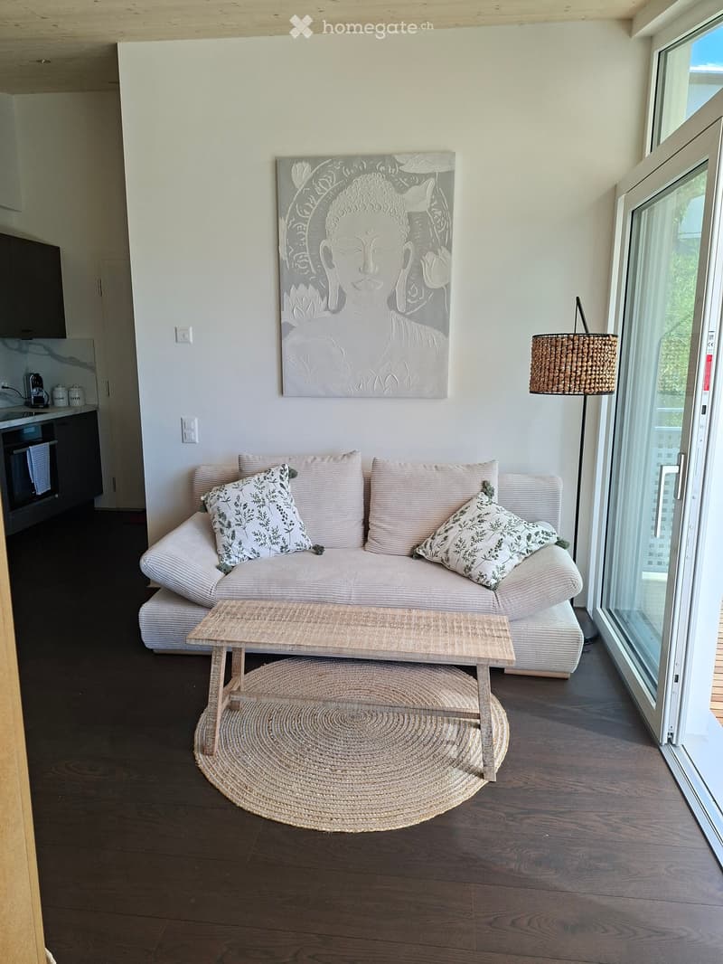 Modern living room with a light-colored sofa, decorative pillows, a small wooden coffee table, a round woven rug, a floor lamp, and a large abstract painting on the wall. The room features dark wooden flooring and large windows with a view.