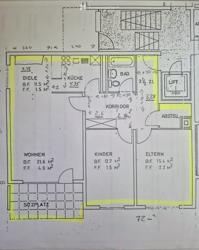 Floor plan showing a living area, kitchen, bathroom, hallway, children's room, parents' room, storage, and staircase.