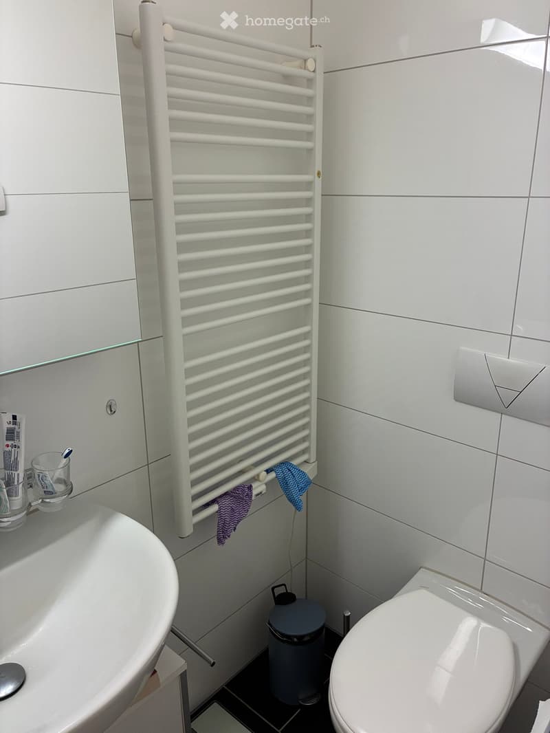 Modern bathroom with a white bathtub, toilet, toothbrush holder, toothpaste, and a towel rack with towels. The walls are tiled in white, and there is a small trash bin near the floor.