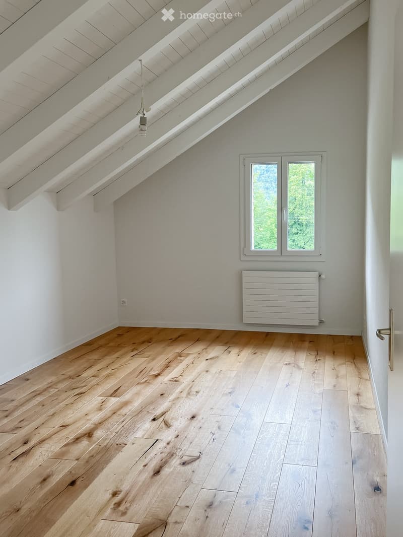 Empty attic room with wooden flooring, white walls, skylight window, and built-in radiator.
