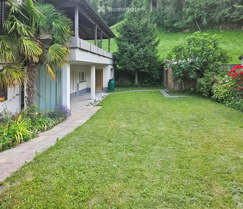 Well-maintained garden with a concrete pathway leading to a house, surrounded by lush greenery and flowering plants.
