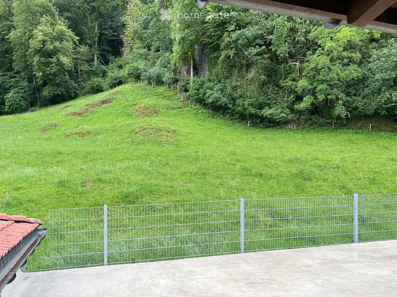 A grassy garden area enclosed by a metal fence, with a wooden deck and a view of a forested hillside in the background.