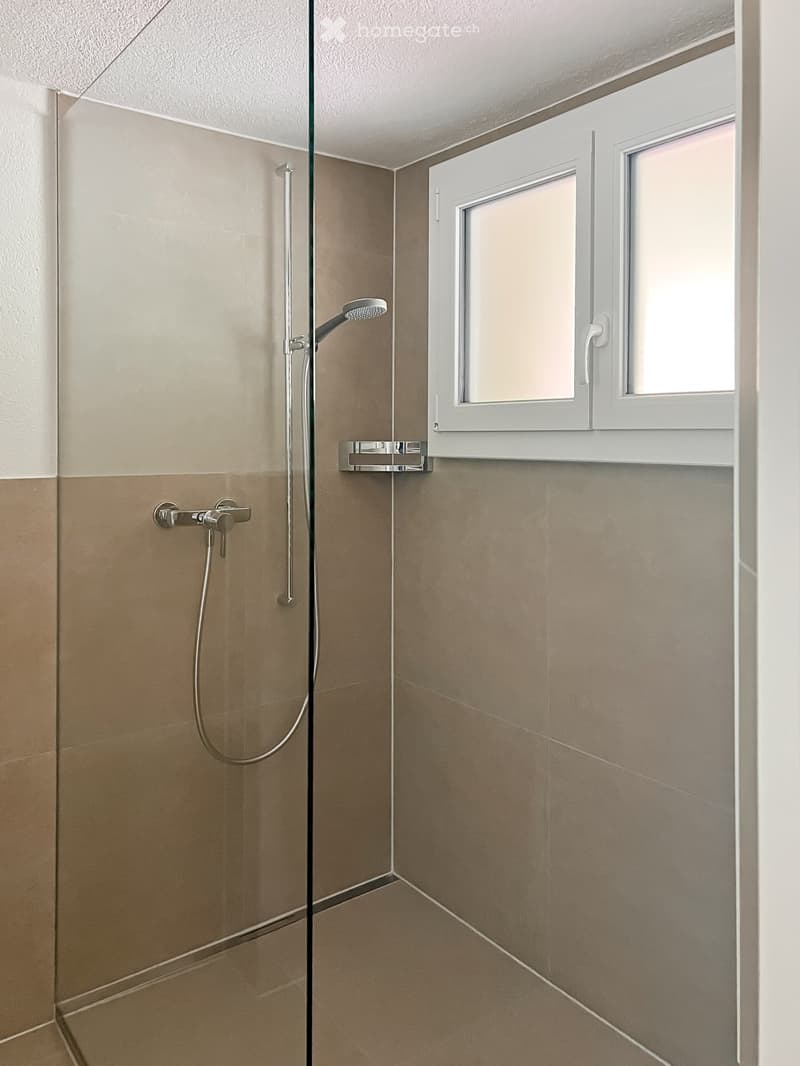 Modern shower area with beige tiles, glass enclosure, and a single showerhead with handheld sprayer.