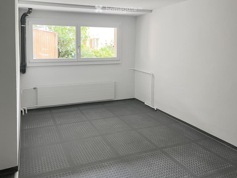 Empty room with white walls, grey tiled floor, radiator, and a window with a view of greenery.