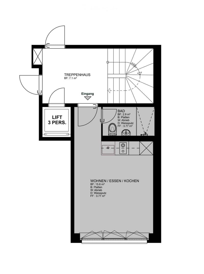 Floor plan of a residential unit featuring a living/dining/kitchen area, a bathroom, a staircase, and a lift for three persons.