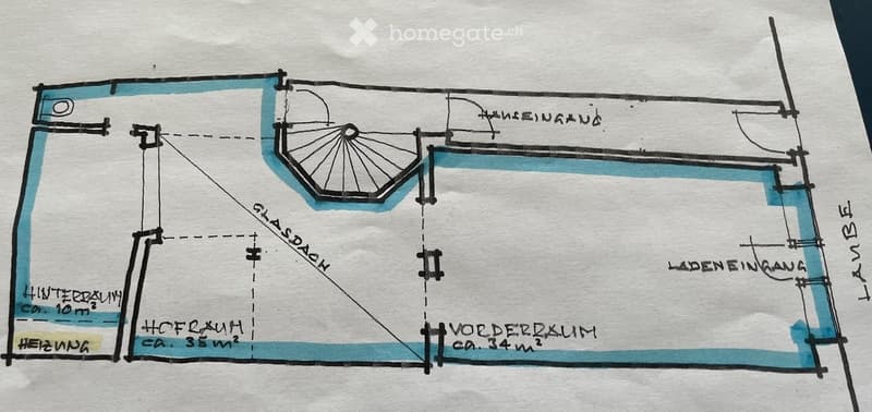 Floor plan showing a commercial space with labeled areas: Vorderraum (ca. 34 m²), Hofraum (ca. 35 m²), Heizung, Hinterzimmer (ca. 10 m²), and Ladeneingang.