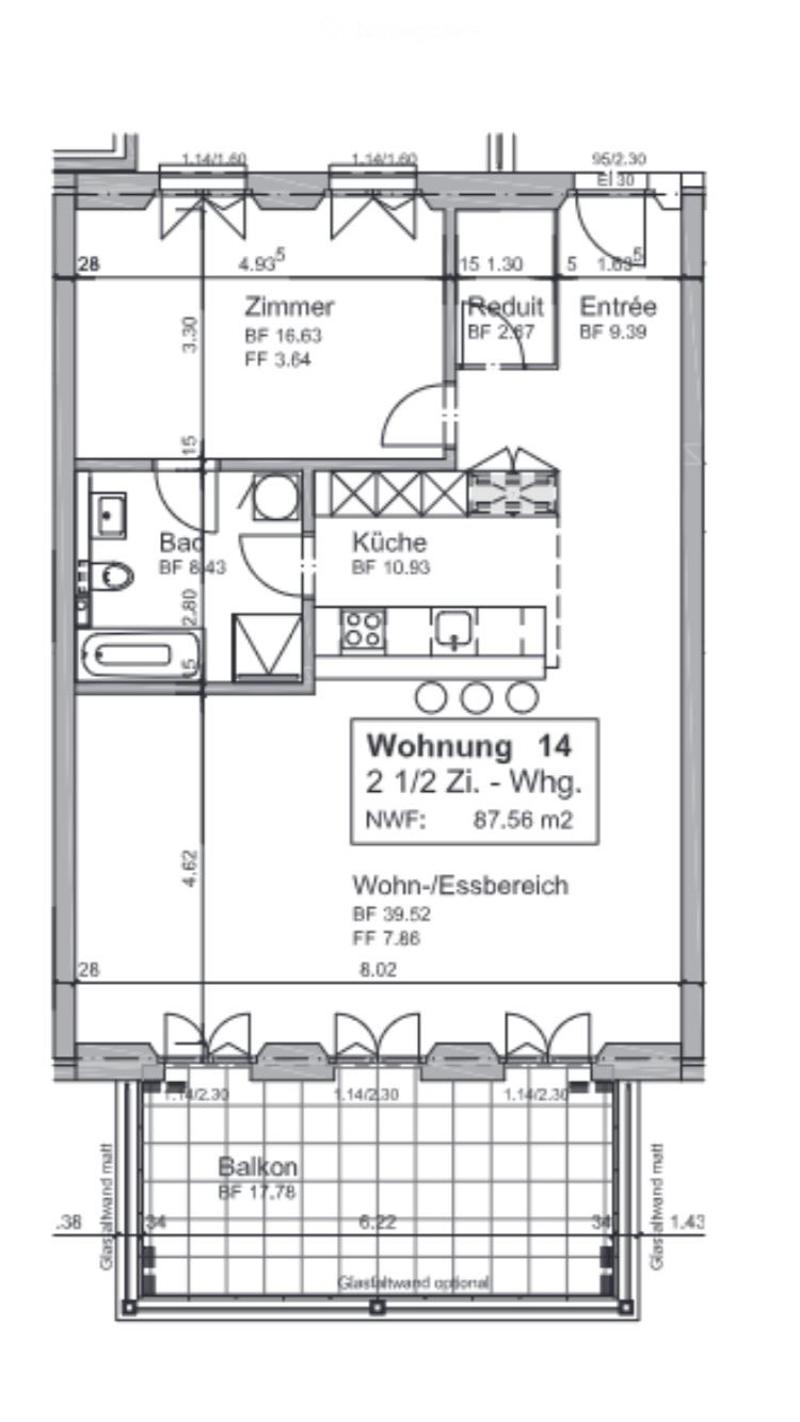Floor plan of a 2.5-room apartment with a living/dining area, kitchen, bathroom, bedroom, and balcony.