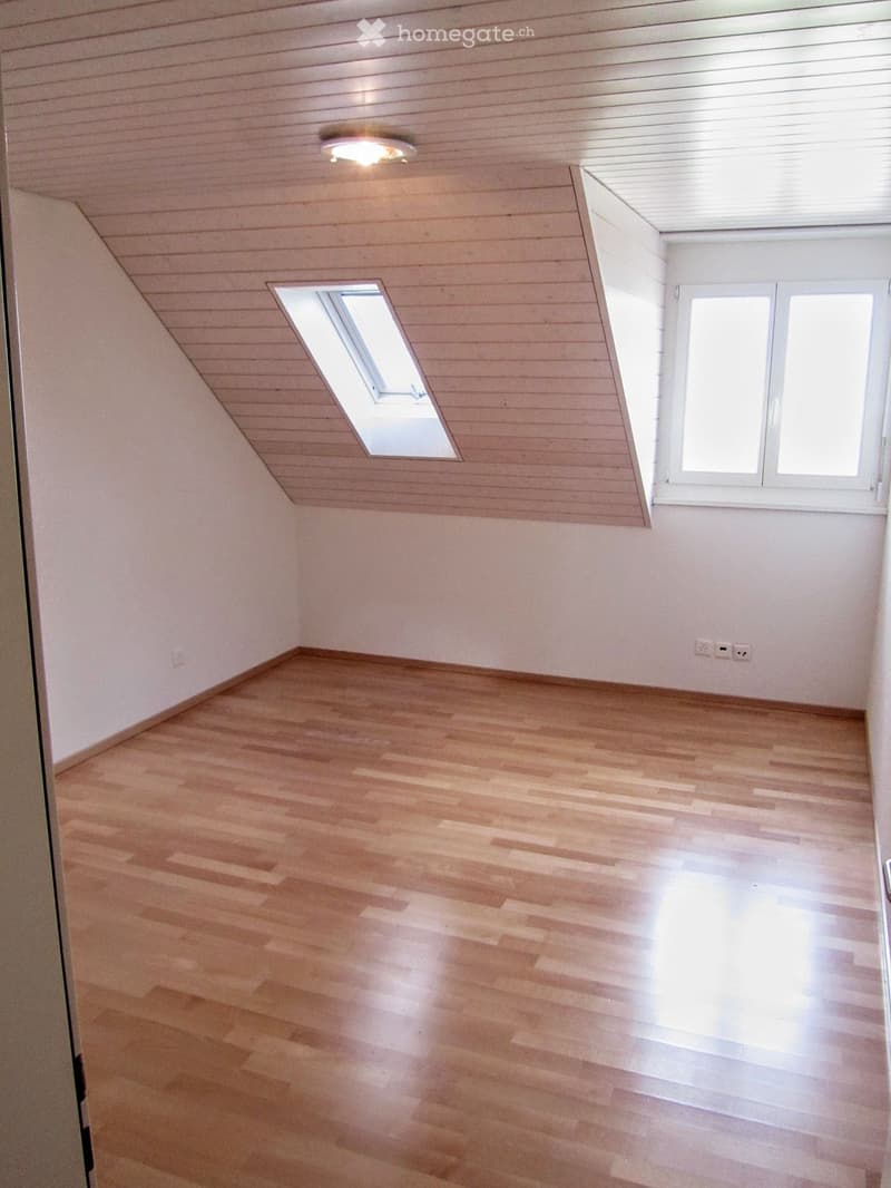 Empty room with wooden flooring, white walls, and a skylight window. The ceiling has wooden paneling and a recessed light fixture.