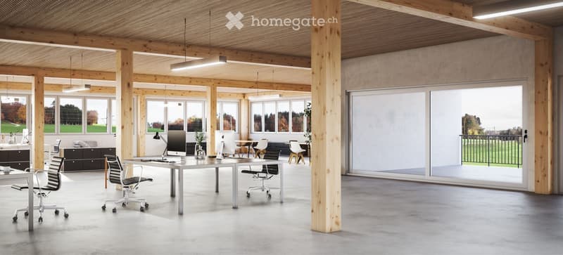 Modern, open-plan office space with exposed wooden beams, large windows, and a mix of desks and chairs. The space features a clean, minimalist design with a combination of natural wood and concrete elements.