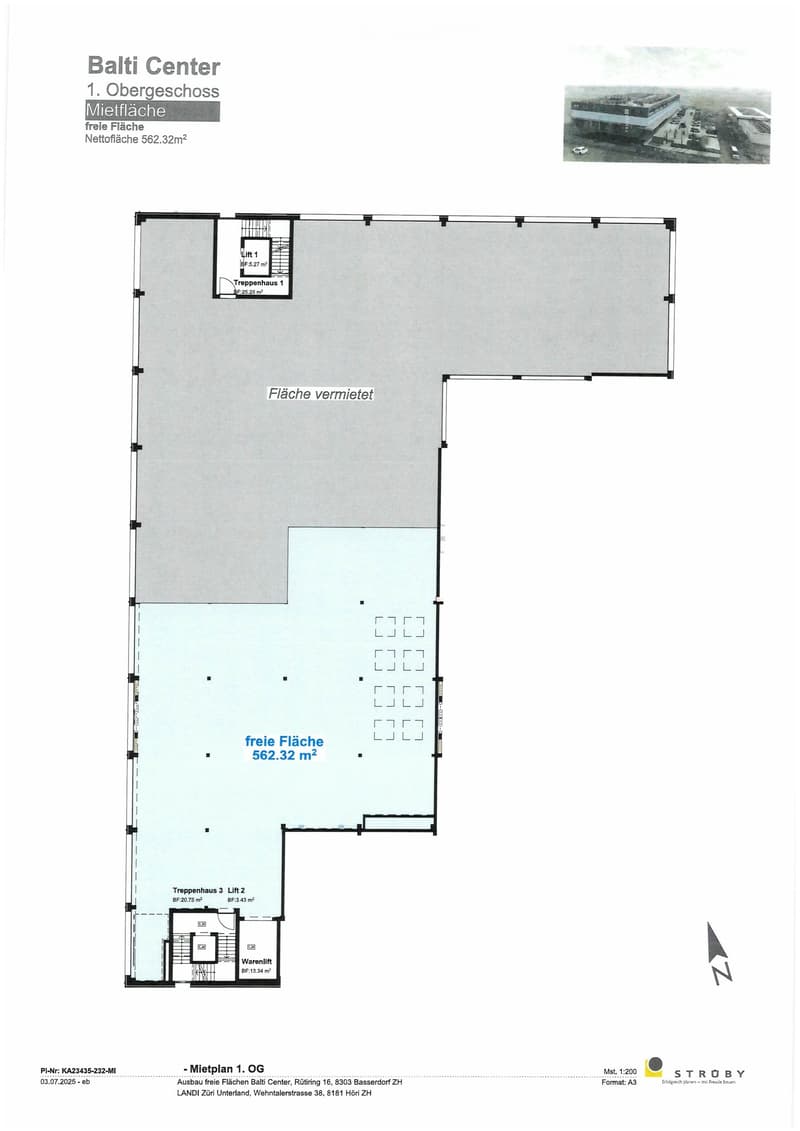 Floor plan of the first upper floor of Balti Center, showing a large open rental area of 562.32 m², a staircase, elevator, and a storage area.