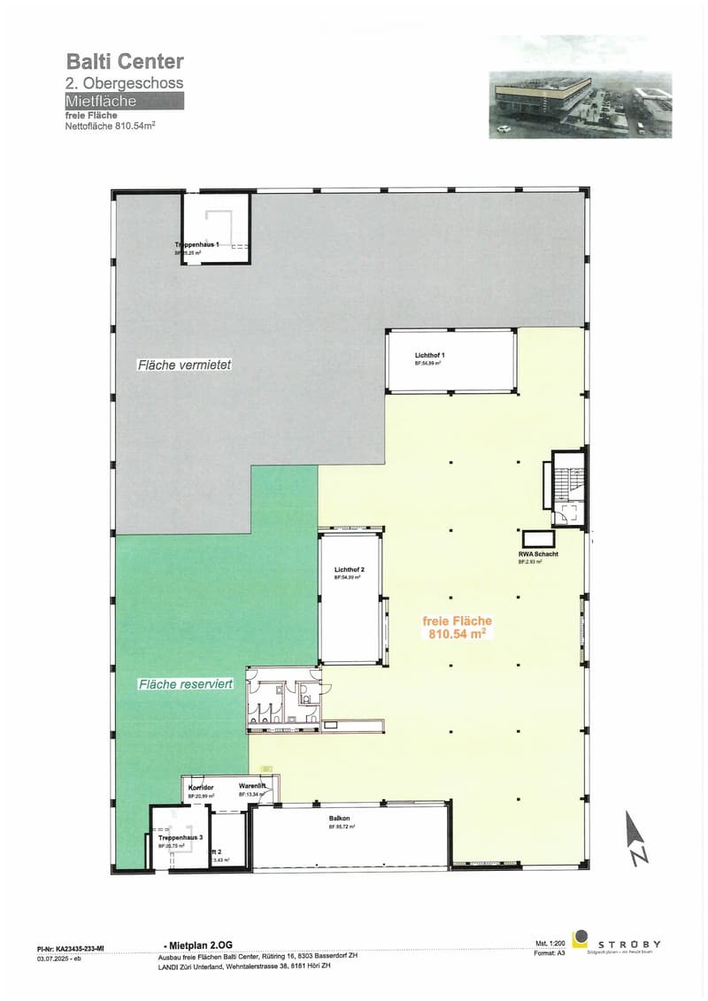 Floor plan of the second floor of Balti Center, showing various rooms and areas including rented, reserved, and available spaces, staircases, light wells, and a balcony.