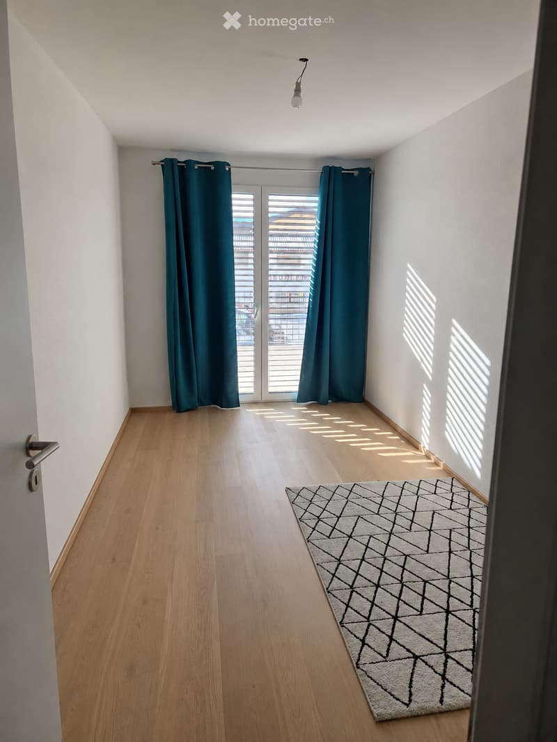 Empty room with wooden flooring, white walls, and a large window with teal curtains. A single geometric rug is placed near the window.