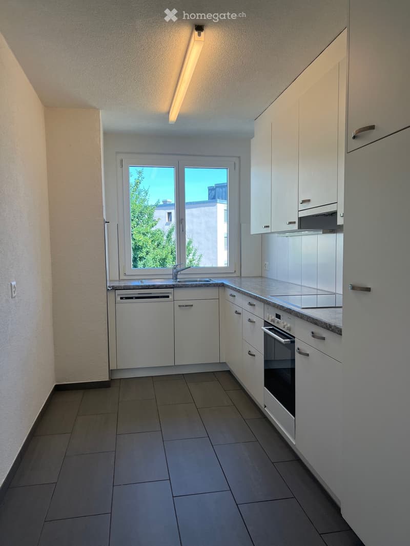 Modern kitchen with white cabinets, dark tiled floor, and built-in appliances including a dishwasher and oven. Features a window with a view of greenery.