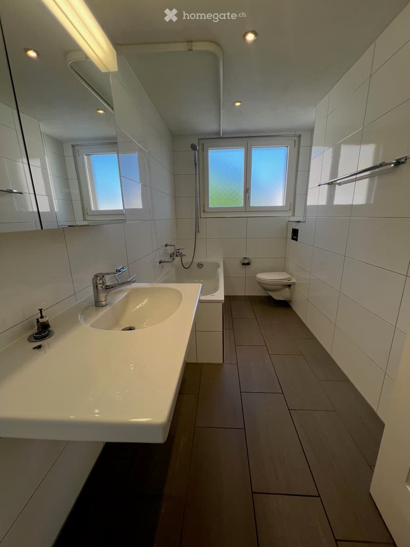 Modern bathroom with a large sink, bathtub, toilet, and mirror. The space features tiled walls and floor, with natural light coming through frosted windows.