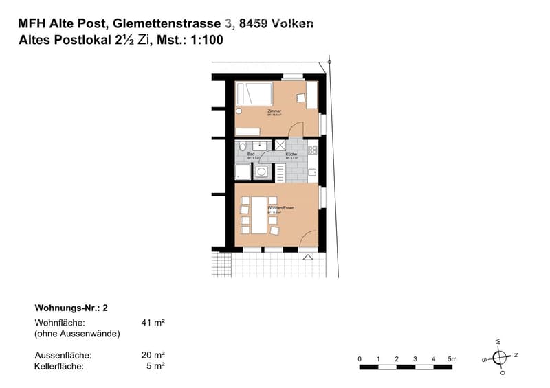 Floor plan of a 41 m² apartment with a bedroom, bathroom, kitchen, and living/dining area.