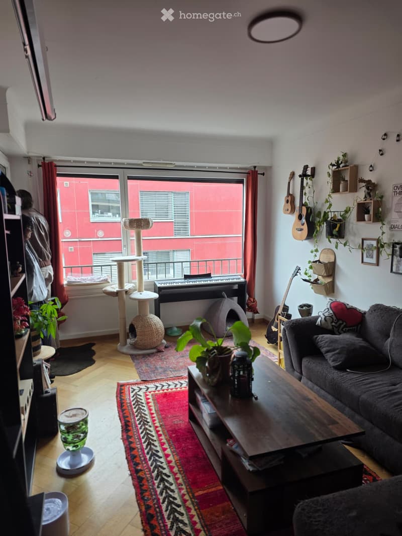 A cozy living room with a grey sofa, coffee table, cat tree, piano, and guitars on the wall. The room features wooden flooring, colorful rugs, and large windows with red curtains.