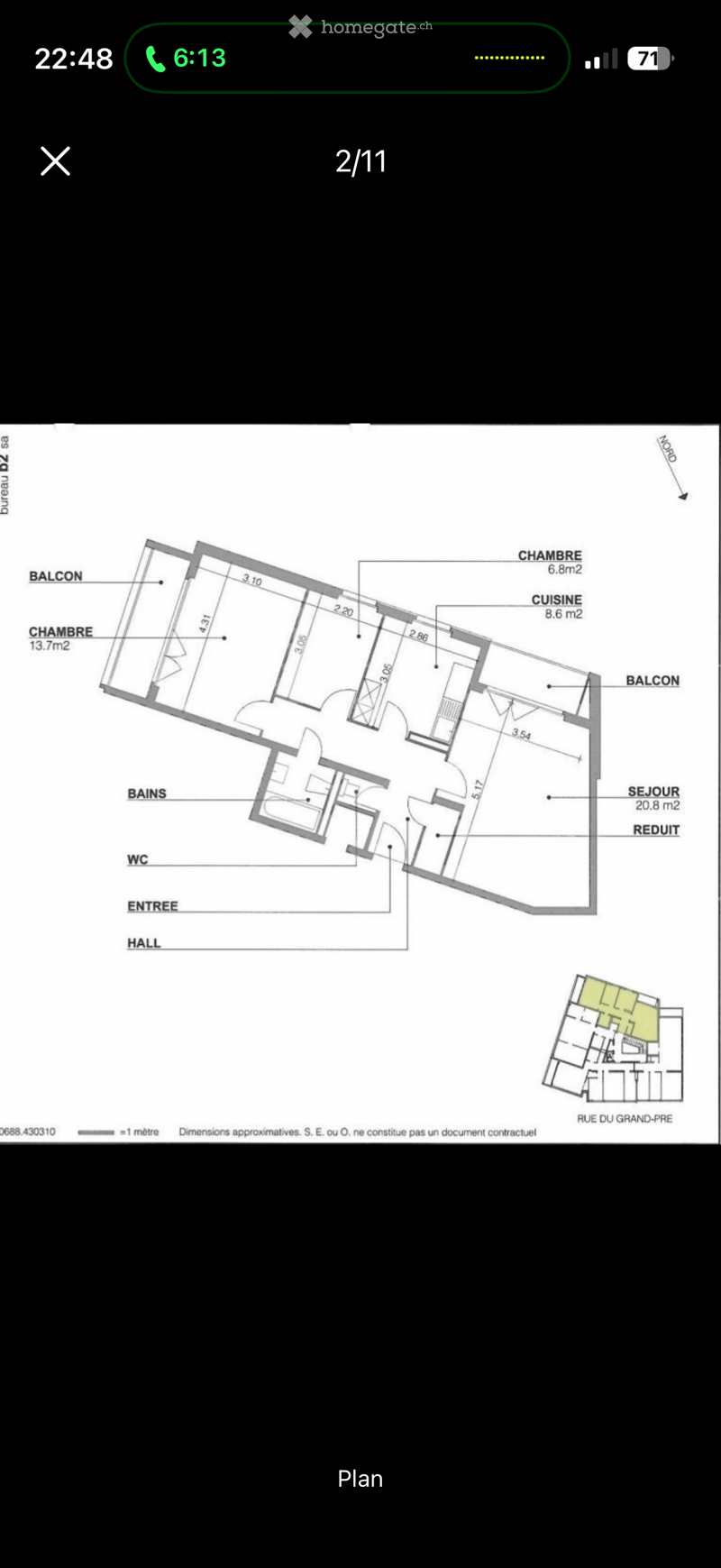 Floor plan showing a layout with two bedrooms, a kitchen, a living area, a bathroom, a WC, an entrance, a hallway, and two balconies.