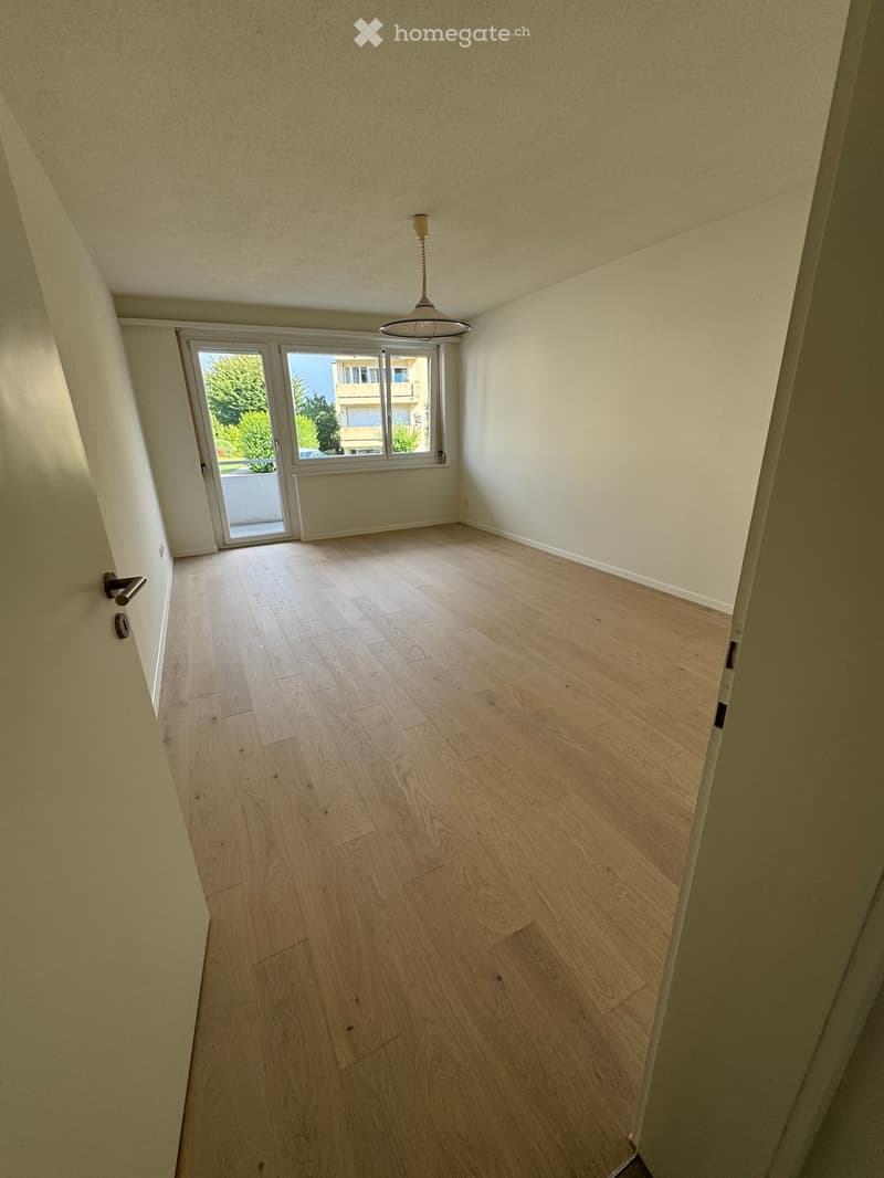 Unfurnished Room. Empty room with light wooden flooring, white walls, and a large window with a sliding door leading to a balcony.