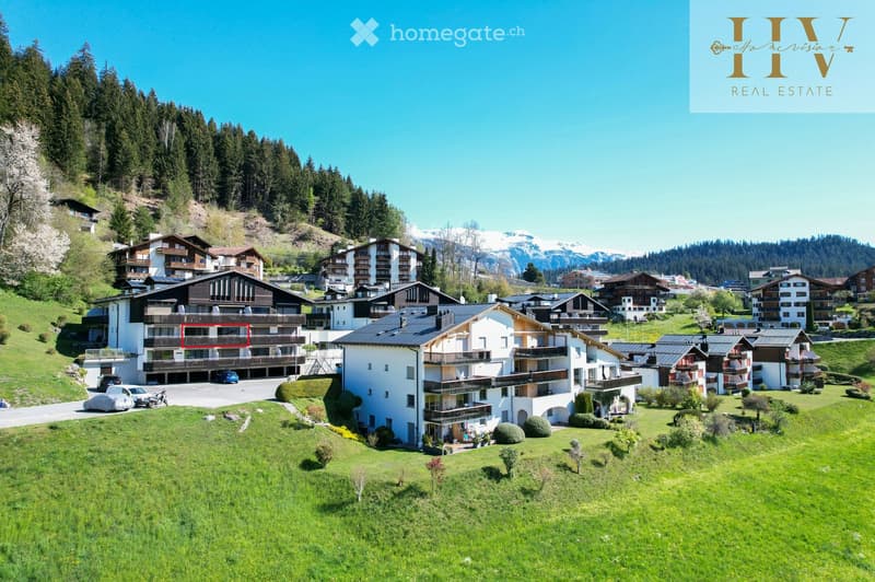 A scenic view of a residential area with multiple buildings, surrounded by lush green grass and trees, with snow-capped mountains in the background.