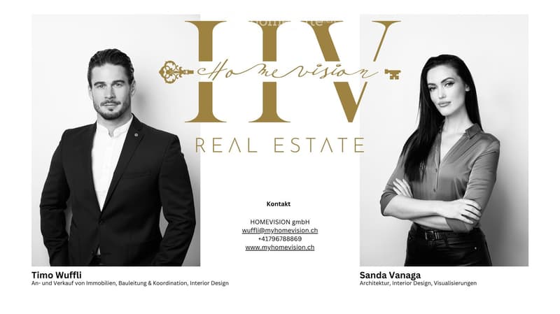 Promotional image for Homevision Real Estate featuring two professionals, Timo Wuffli and Sanda Vanaga, with contact information and company logo.