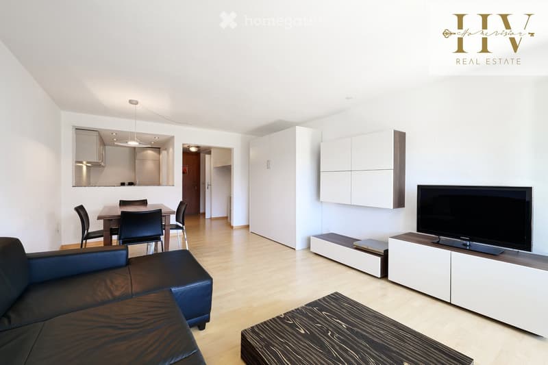 Modern living room with a dark leather sofa, coffee table, dining area with chairs, flat-screen TV on a white cabinet, and built-in white cabinets.