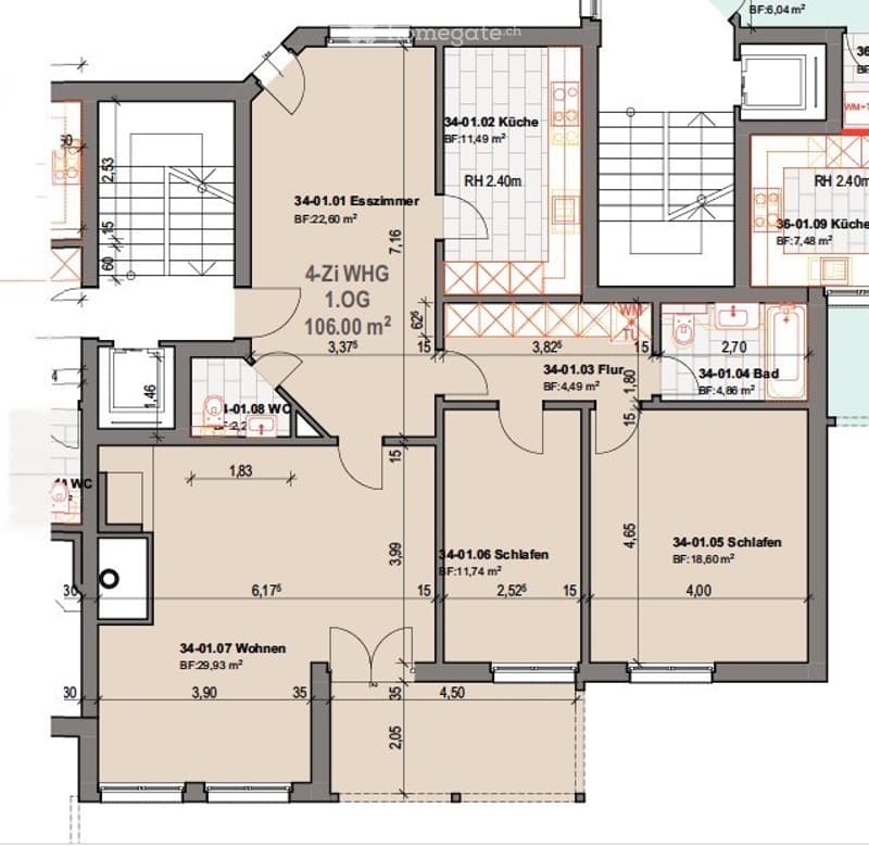 Floor plan of a 4.5-room apartment with living room, kitchen, 2 bedrooms, 2 bathrooms, and hallway.