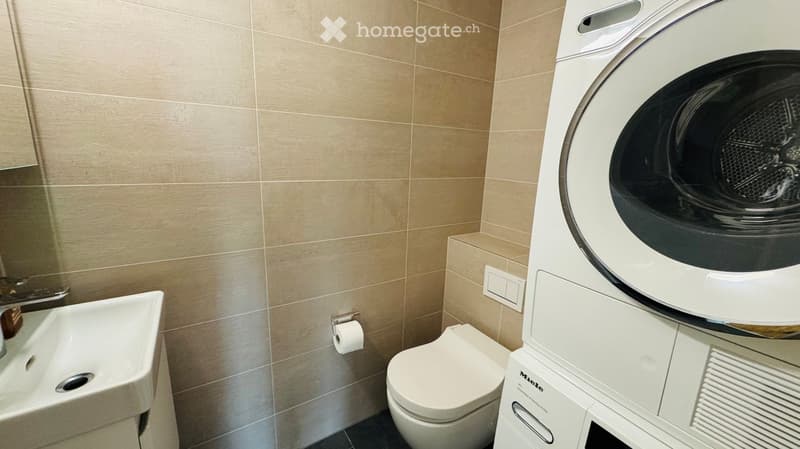 Modern bathroom with a toilet, sink, and a stacked washing machine/dryer unit.